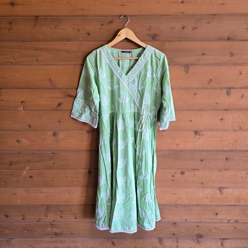 Libas Khari Angrakha Dress Kurta Green Cotton Paisley XXL Vneck Midi Lace Trim - Picture 2 of 5